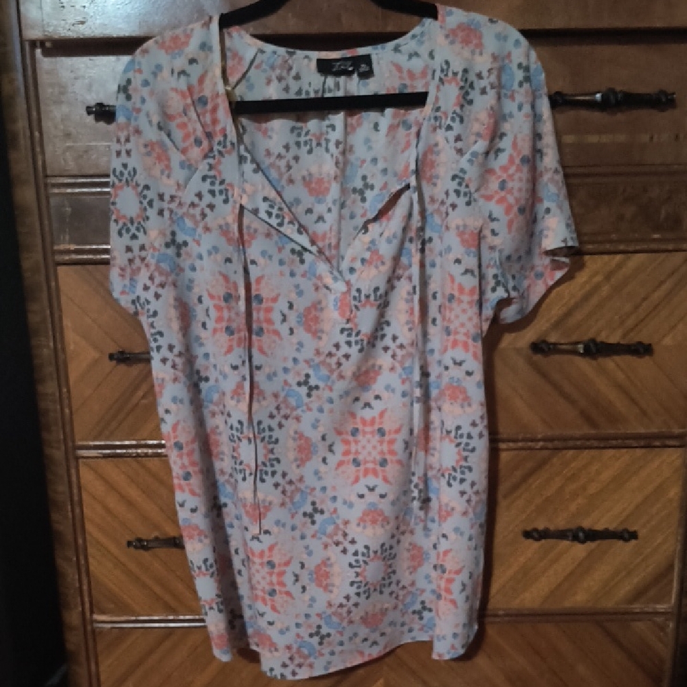 Floral Print Tie-Neck Women’s Top - Pink/Blue